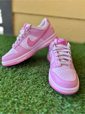 Custom Nike Dunk Low Pink Rhinestone Swoosh GS Size 4Y Youth Pre-Owned